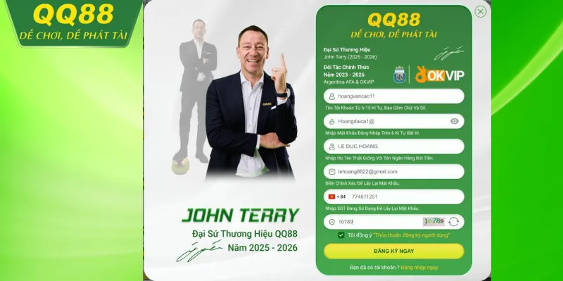 Giao diện form đăng ký QQ88 chi tiết